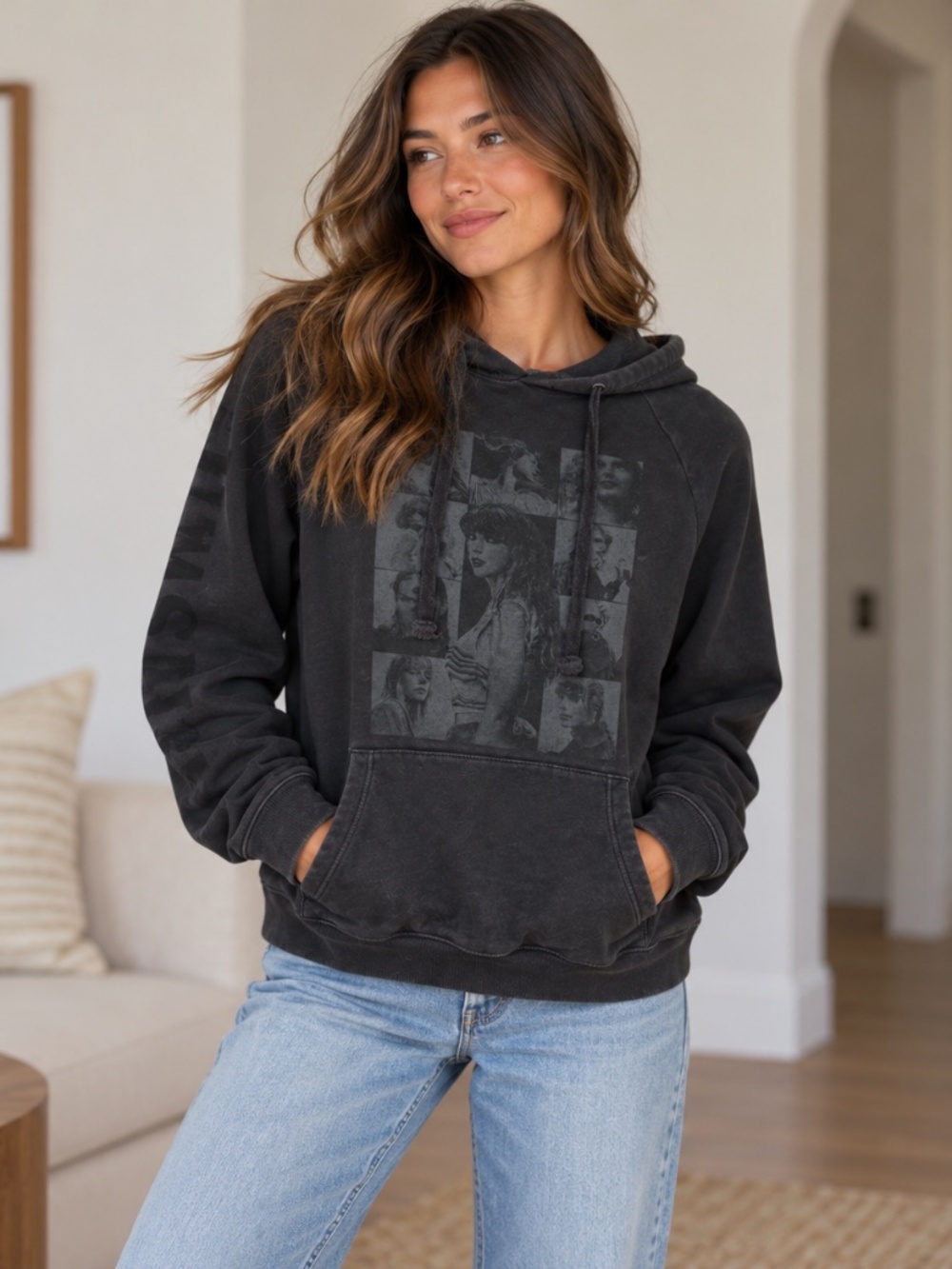 Taylor Swift The Eras Tour Hoodie Medium Black Washed Graphic Concert Merch Y2K